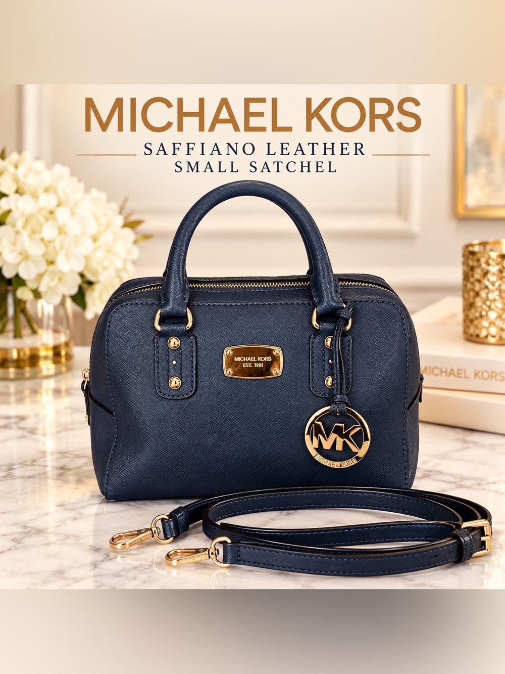 Michael Kors Navy Saffiano Leather Small Satchel Crossbody Gold Hardware